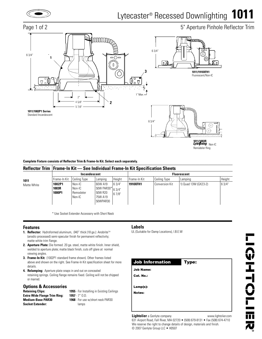 Lightolier 1011 specifications Lytecaster Recessed Downlighting , Aperture Pinhole Reflector Trim, Features, Labels 